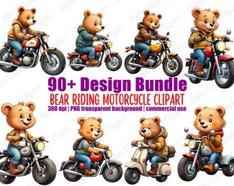 Bear Riding Motorcycle Clipart Illustration Cartoon PNG Bundle Printable Nursery Animal Digital Download Pack C142