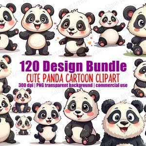 Cute Panda Clipart Illustration Cartoon Style PNG Bundle Printable Animal Clipart Digital Download Pack C014