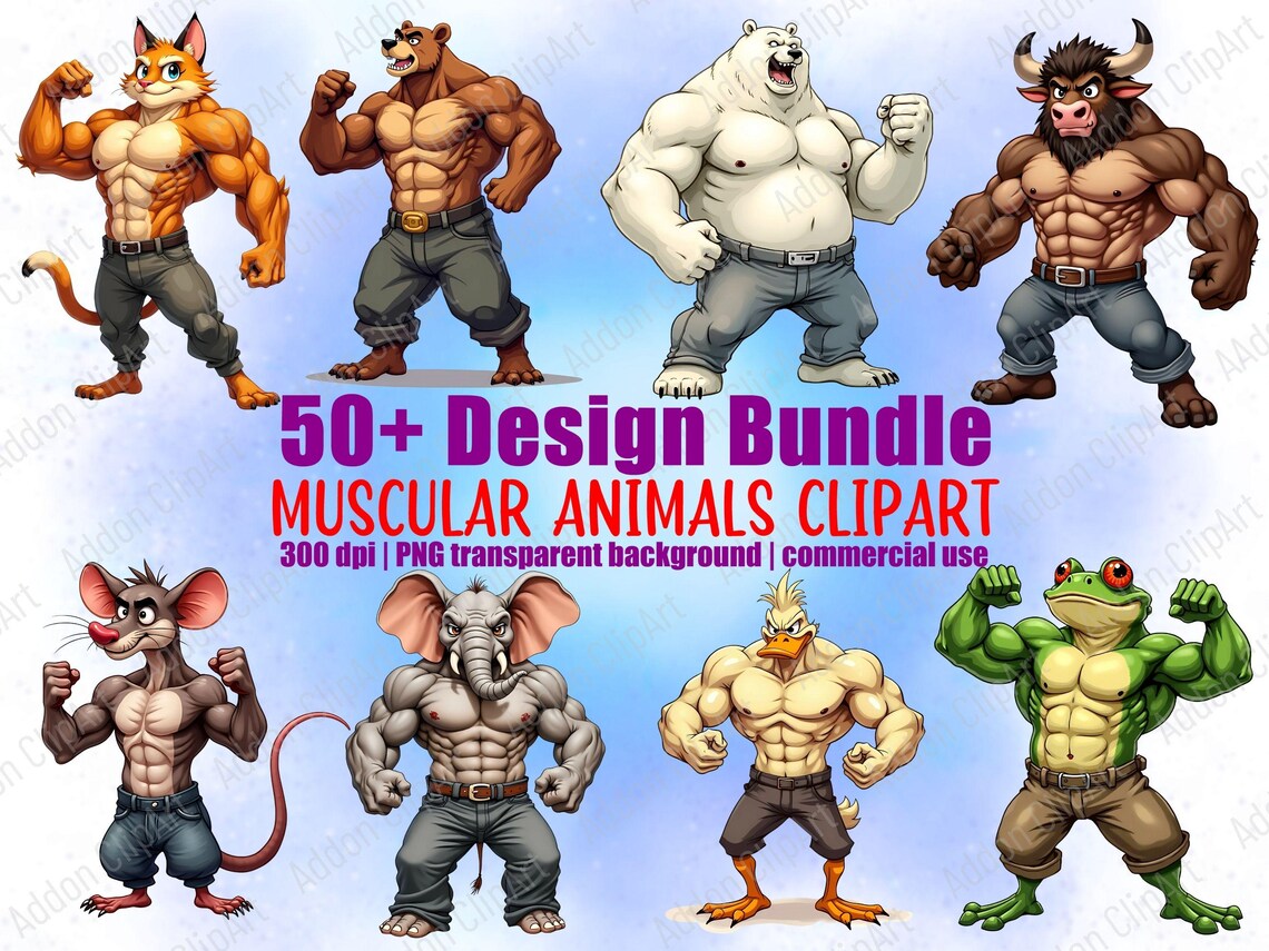Muscular Cartoon Animals Clipart Bundle: Bodybuilder Pngs Digital ...