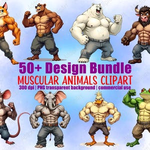 Cartoon Muscular Bodybuilder Animals Clipart PNG Bundle Printable Nursery Animal Clipart Digital Download Image Pack Commercial Use C074