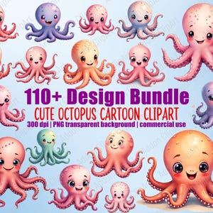 Cute Octopus Watercolor Clipart Illustration Cartoon PNG Bundle Printable Nursery Animal Digital Download Image Pack Commercial Use C038