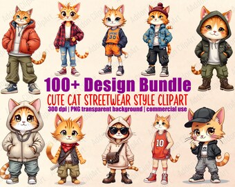Katze trägt Streetwear Outfits (Hip-Hop-Stil) PNG Bundle Druckbare Tier Clipart Digital Download Pack C134
