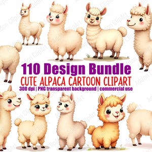 Cute Alpaca Clipart Watercolor Llama Cartoon Illustration PNG Bundle Nursery Animal Digital Download Image Pack Commercial Use C066