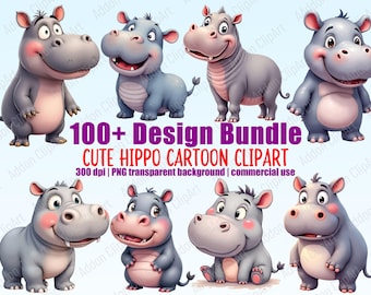 Cute Hippopotamus Clipart Watercolor Hippo Cartoon Illustration PNG Bundle Nursery Animal Digital Download Image Pack Commercial Use C072