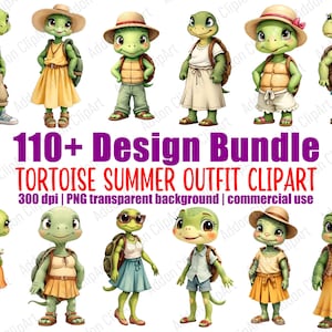 May include: A collection of cartoon tortoises in summer outfits. The tortoises are wearing hats, dresses, shorts, and backpacks. The image includes the text "110+ Design Bundle TORTOISE SUMMER OUTFIT CLIPART".