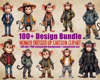 Monkey Dressed Up Outfits Clipart Cartoon PNG Bundle Printable Nursery Animal Clipart Digital Download Image Pack Commercial Use C102