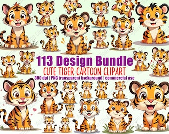 Cute Tiger Clipart Illustration Cartoon Style PNG Bundle Printable Nursery Animal Clipart Digital Download Image Pack Commercial Use C019