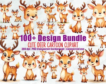 Süße Hirsch Aquarell Clipart Illustration Cartoon PNG Bundle druckbare Kinderzimmer Tier digitaler Download Image Pack kommerzielle Nutzung C026