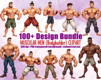 Paquete de imágenes prediseñadas de culturistas musculosos de dibujos animados, imágenes prediseñadas imprimibles, descarga digital, paquete de imágenes para uso comercial C112