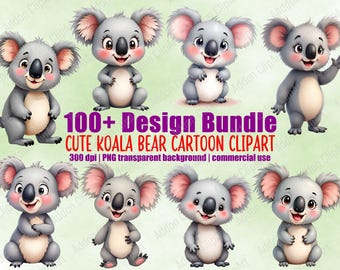 Lindo paquete de imágenes prediseñadas de dibujos animados de oso koala, ilustración PNG, imágenes de animales bebé, descarga digital, imágenes prediseñadas de guardería kawaii, uso comercial C075