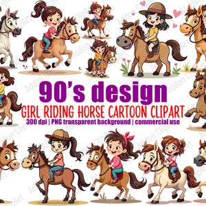 Cute Girl Riding Horse Clipart Illustration Cartoon Style PNG Horsing Bundle Clipart Printable Animal Clipart Digital Download Pack C011