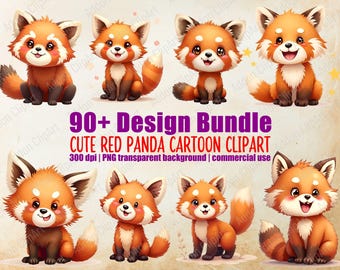 Cute Red Panda Cartoon Clipart PNG Bundle Printable Nursery Pet baby Animal Digital Clipart Download Image Pack Commercial Use C099