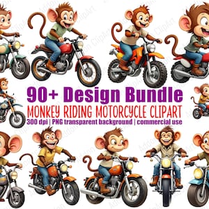 Monkey Riding Motorcycle Clipart Illustration Cartoon PNG Bundle Printable Nursery Animal Digital Download Image Pack Commercial Use C060