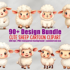 May include: Eight cartoon sheep illustrations with white wool, pink ears, and smiling faces. The image includes text that reads "90+ Design Bundle CUTE SHEEP CARTOON CLIPART". The sheep are designed in a cute, cartoon style.