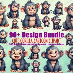 Puede incluir: Una colección de imágenes prediseñadas de gorilas de dibujos animados en varias poses, con un fondo verde claro. Los gorilas son principalmente grises con caras y pechos de color canela, y están sonriendo. El texto dice "90+ Design Bundle" y "Cute Gorilla Cartoon Clipart".