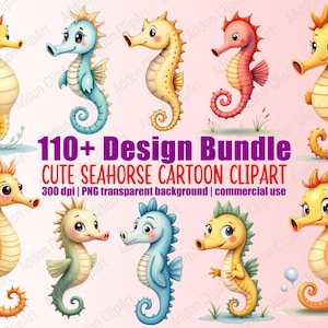 May include: A collection of colorful cartoon seahorse clip art in various poses and colors, including yellow, blue, orange, and pink. The image includes the text "110+ Design Bundle CUTE SEAHORSE CARTOON CLIPART".