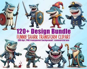 Cartoon Shark Transform Clipart PNG Bundle Printable Clipart Digital Download Image Pack Commercial Use C114