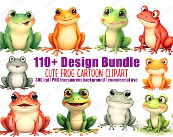 Cute Frog Watercolor Clipart Illustration Cartoon PNG Bundle Printable Nursery Animal Digital Download Image Pack Commercial Use C056