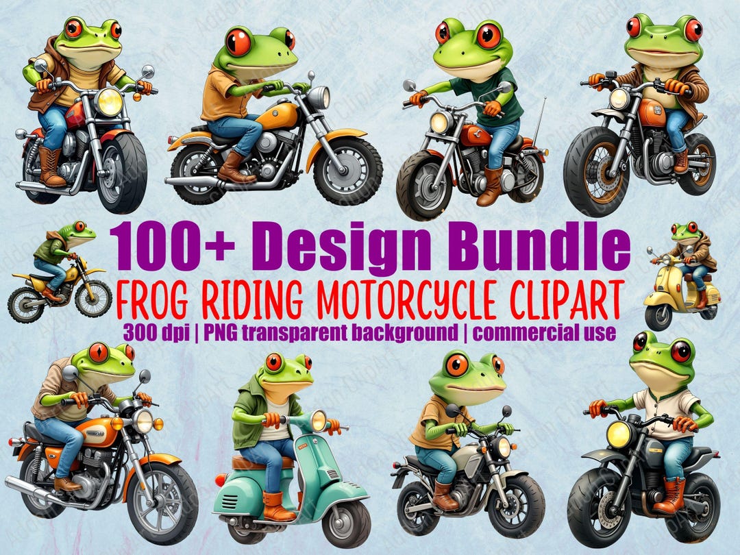Frog Riding Motorcycle Clipart Illustration Cartoon PNG Bundle ...