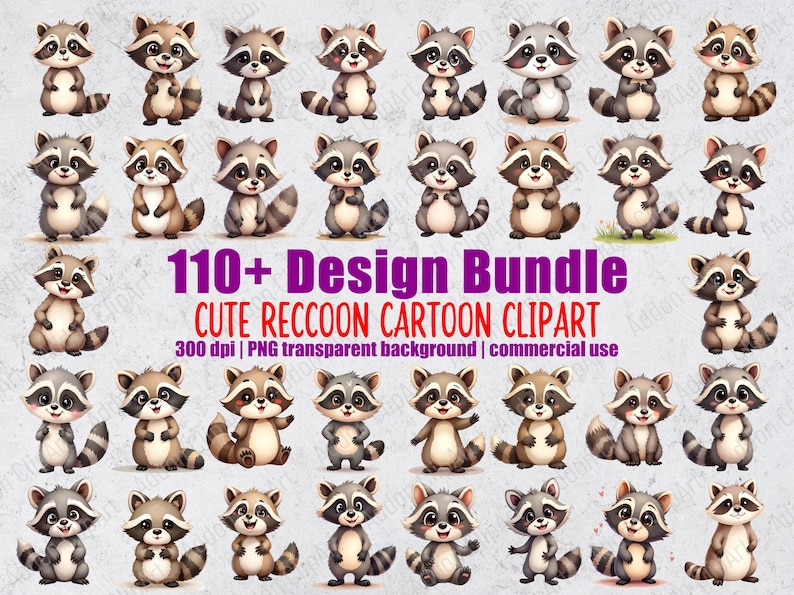 May include: A selection of cartoon raccoon clipart in different poses and expressions. The raccoons feature grey and brown fur, black masks, and bushy tails. Text reads "110+ Design Bundle CUTE RECCOON CARTOON CLIPART".