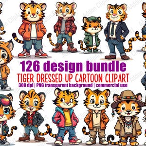 Cute Tiger Dressed Up Clipart Illustration Cartoon Style PNG Bundle Printable Animal Clipart Digital Download Pack C012