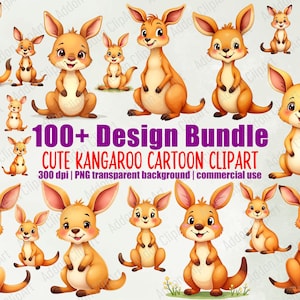 Cute Kangaroo Watercolor Clipart Illustration Cartoon PNG Bundle Printable Nursery Animal Digital Download Image Pack Commercial Use C036