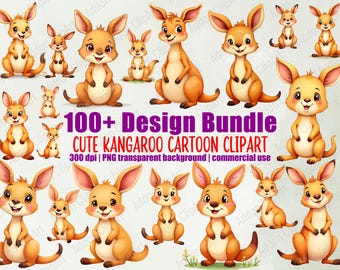 Ilustração em aquarela de canguru fofo, pacote de desenho animado em PNG para impressão, animal de berçário, download digital, pacote de imagens para uso comercial C036