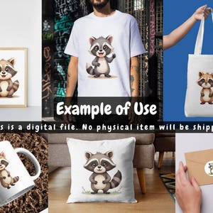 May include: A collection of items showcasing a cartoon raccoon design. The image includes a framed print, a white t-shirt, a tote bag, a mug, a cushion, and a sticker. The raccoon is illustrated in brown, grey, and white.