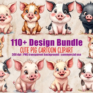 Cute Pig Watercolor Clipart Illustration Cartoon PNG Bundle Printable Nursery Animal Digital Download Image Pack Commercial Use C046