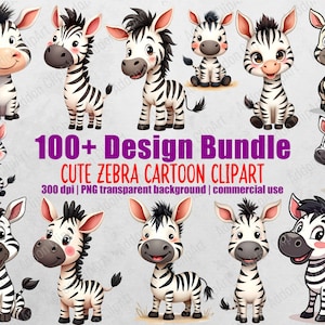 Cute Zebra Watercolor Clipart Illustration Cartoon PNG Bundle Printable Nursery Animal Digital Download Image Pack Commercial Use C050