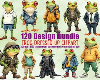 Frog Clipart Bundle Watercolor Cartoon Frog Dressed Up Animal PNG, Commercial Use Digital Download C073
