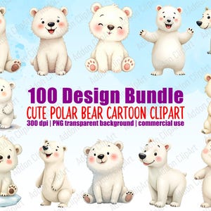 Cute Polar Bear Watercolor Clipart Illustration Cartoon PNG Bundle Printable Nursery Animal Digital Download Image Pack Commercial Use C043