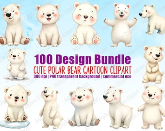 Polar Bear Watercolor Clipart Bundle: Nursery Animal Illustrations (PNG Digital Download) C043