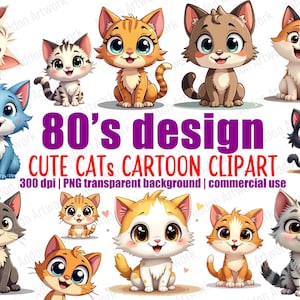 Cute Cats Kitten Illustration Cartoon Style PNG Clipart Bundle, Printable Animal Clipart Digital Download Pack C003