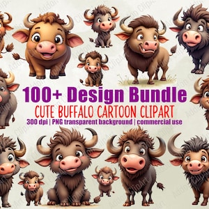 Op de afbeelding: Een verzameling cartoonbuffel-clipart in verschillende poses en kleuren, waaronder bruin, beige en grijs. De afbeelding bevat de tekst "100+ Design Bundle" en "Cute Buffalo Cartoon Clipart".