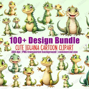 Puede incluir: Ilustración digital de un conjunto de imágenes prediseñadas de iguanas de dibujos animados, en tonos verdes y amarillos. Incluye el texto "100+ Design Bundle" y "Cute Iguana Cartoon Clipart". Clipart para uso comercial.