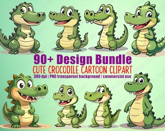 Pacote de imagens PNG de crocodilos fofos em desenho animado para imprimir, ideal para berçário, decoração de quarto infantil e download de imagens digitais de animais de estimação. Uso comercial permitido (C119).