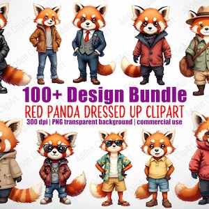 May include: A digital illustration featuring multiple red pandas dressed in various outfits. The pandas are wearing clothing such as jackets, suits, and casual wear. Text on the image reads "100+ Design Bundle RED PANDA DRESSED UP CLIPART".