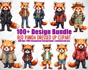 Red Panda Dressed Up Outfits Clipart Cartoon PNG Bundle Printable Nursery Animal Clipart Digital Download Image Pack Commercial Use C107