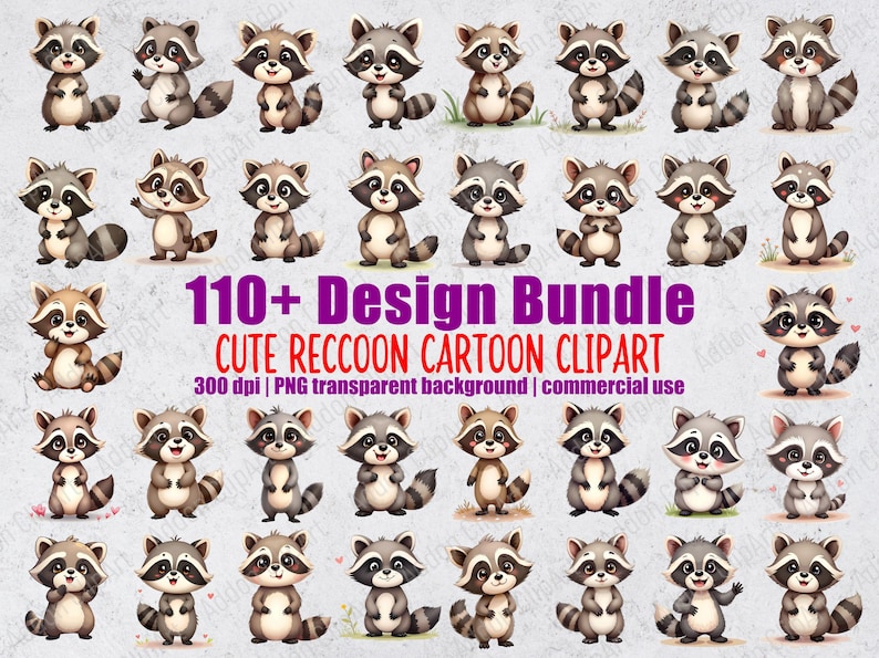 May include: A selection of cartoon raccoon illustrations in different poses. The raccoons have grey and brown fur with black masks and striped tails. Text reads "110+ Design Bundle CUTE RECCOON CARTOON CLIPART". Suitable for commercial use.