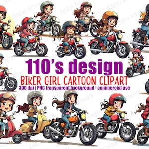 Cute Biker Girl illustration Cartoon Style Girl Riding Motorcycle PNG Clipart Bundle Printable Clipart Digital Download Pack C008