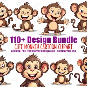 Cute Monkey Nursery Clipart Illustration Cartoon PNG Bundle Printable Animal Digital Download Image Pack Commercial Use C055