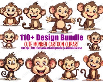 Cute Monkey Nursery Clipart Illustration Cartoon PNG Bundle Printable Animal Digital Download Image Pack Commercial Use C055