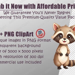 May include: A cartoon raccoon with a brown and tan body, black mask, and striped tail. Text includes "110+ PNG ClipArt" and "commercial use included."