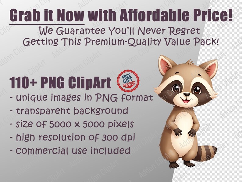 May include: A cartoon raccoon with a brown and tan body, black mask, and striped tail. Text includes "110+ PNG ClipArt" and "commercial use included."
