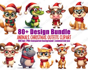 Animals wearing Christmas Outfits Celebration Clipart PNG Bundle Printable Clipart Digital Download Image Pack Commercial Use C115