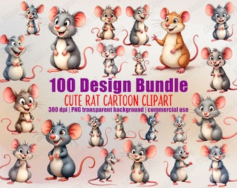 Cute Rat Watercolor Clipart Illustration Mouse Cartoon PNG Bundle Printable Nursery Animal Digital Download Image Pack Commercial Use C041