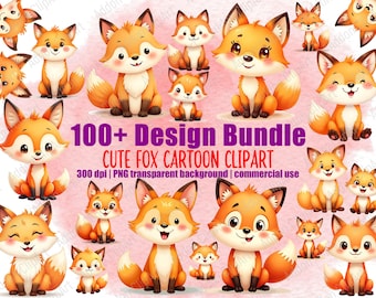 Cute Fox Watercolor Clipart Illustration Cartoon PNG Bundle Printable Nursery Animal Digital Download Image Pack Commercial Use C029