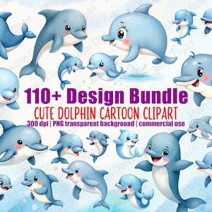 Niedlicher Delfin Aquarell Clipart Illustration Cartoon PNG Bundle Druckbare Kinderzimmer Tier Digitaler Download Image Pack Kommerzielle Nutzung C025
