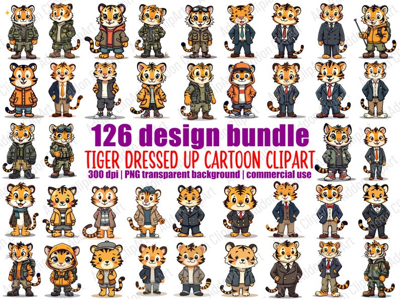 Tiger Dressed up Cartoon Illustration PNG Bundle Printable Nursery ...